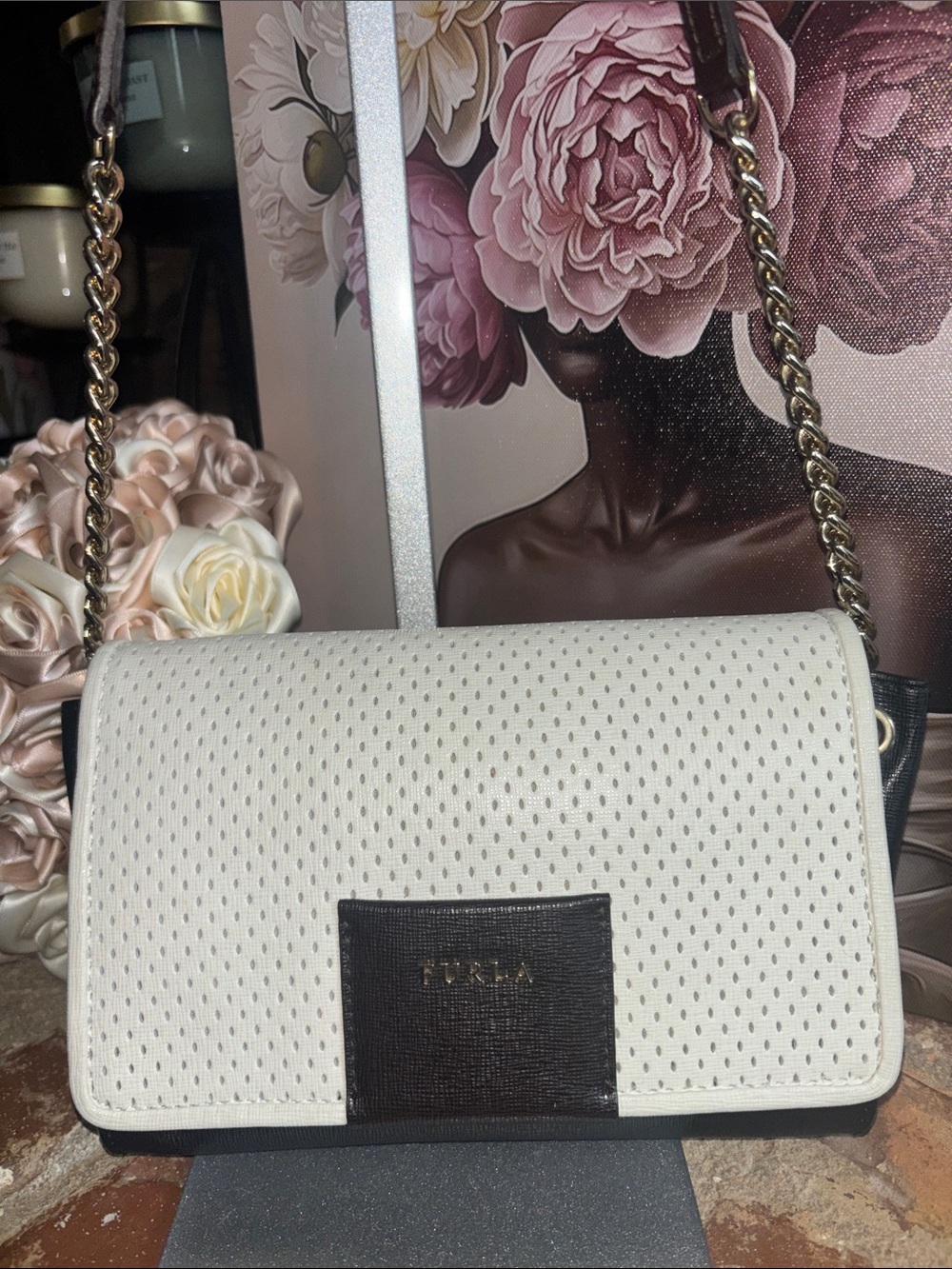 Furla White Perforated Leather Crossbody with Black Trim and Gold Chain